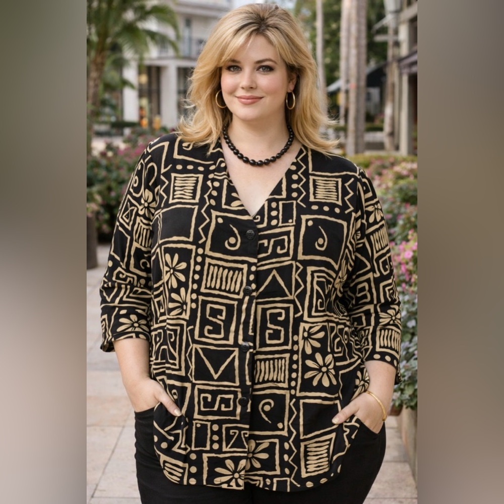 Vintage plus size-90’s- Briggs NY- geometric print shacket- slit sides on hem